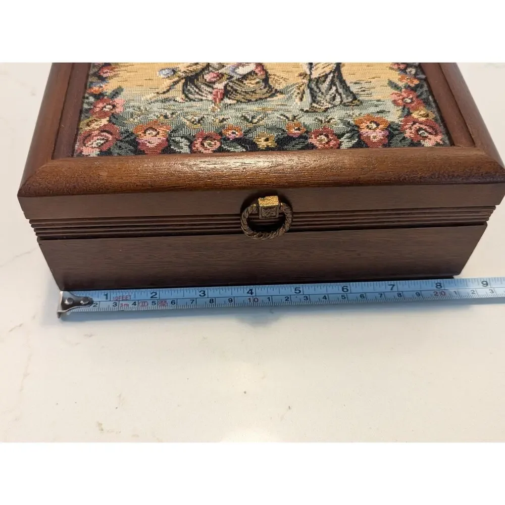 Vtg Wooden Jewelry Box Needlepoint Tapestry Florals African Ethnicity